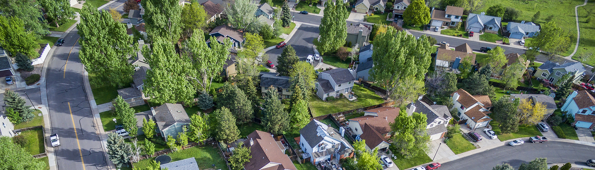 Aerial view of typical residential neighborhood along Front Range of Rocky Mountains in Colorado