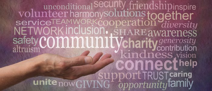 Get involved with your Community Word Tag Cloud - Female open palm hand against rustic stone effect burgundy purple background with the word COMMUNITY floating above surrounded by a word tag cloud
