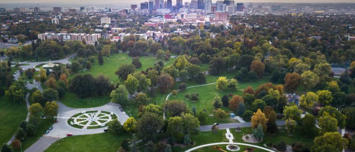 Sunset over Denver cityscape aerial view from the city park