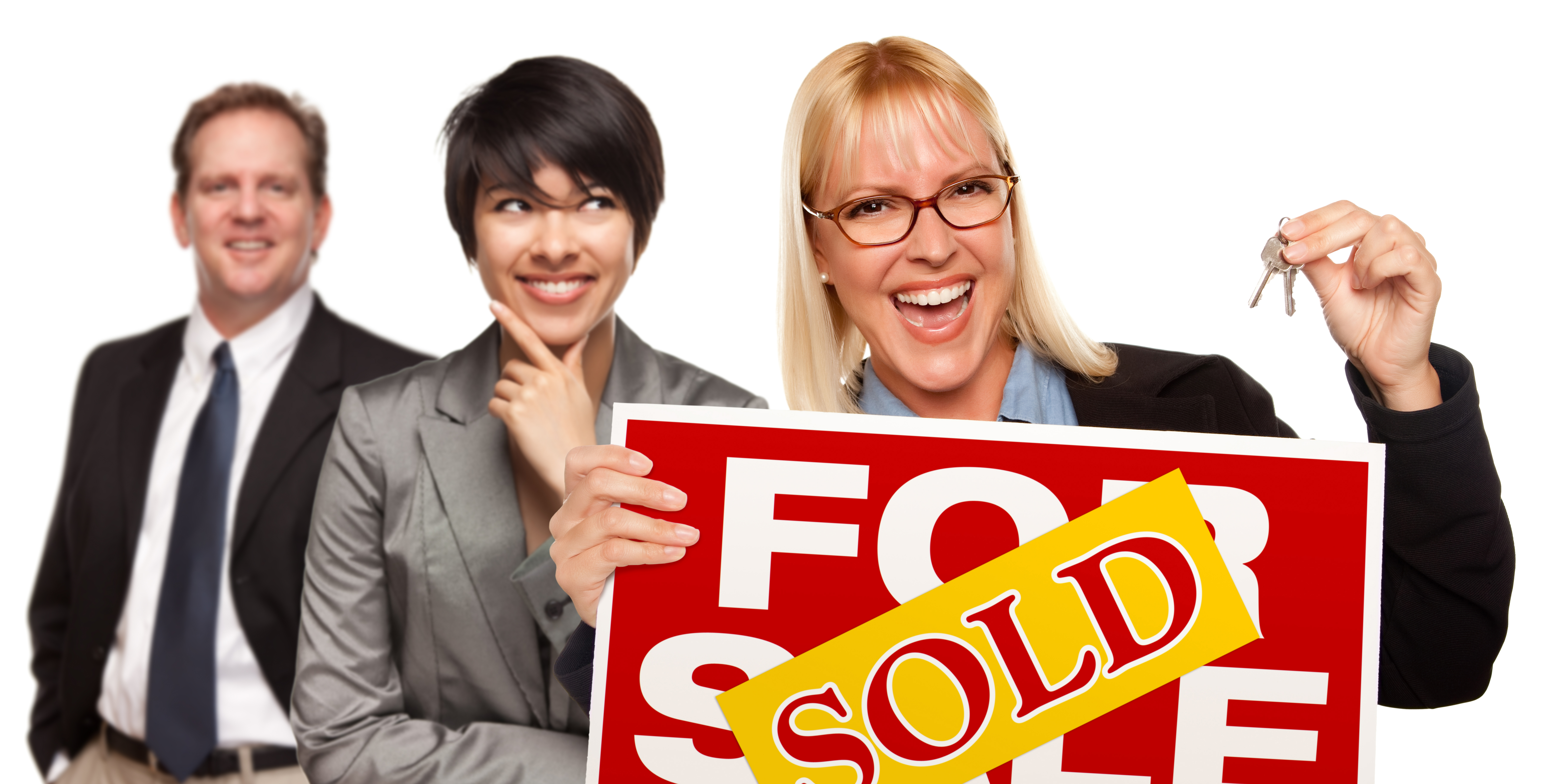Real Estate Team Behind with Blonde Woman in Front Holding Keys and Sold For Sale Real Estate Sign Isolated on a White Background.