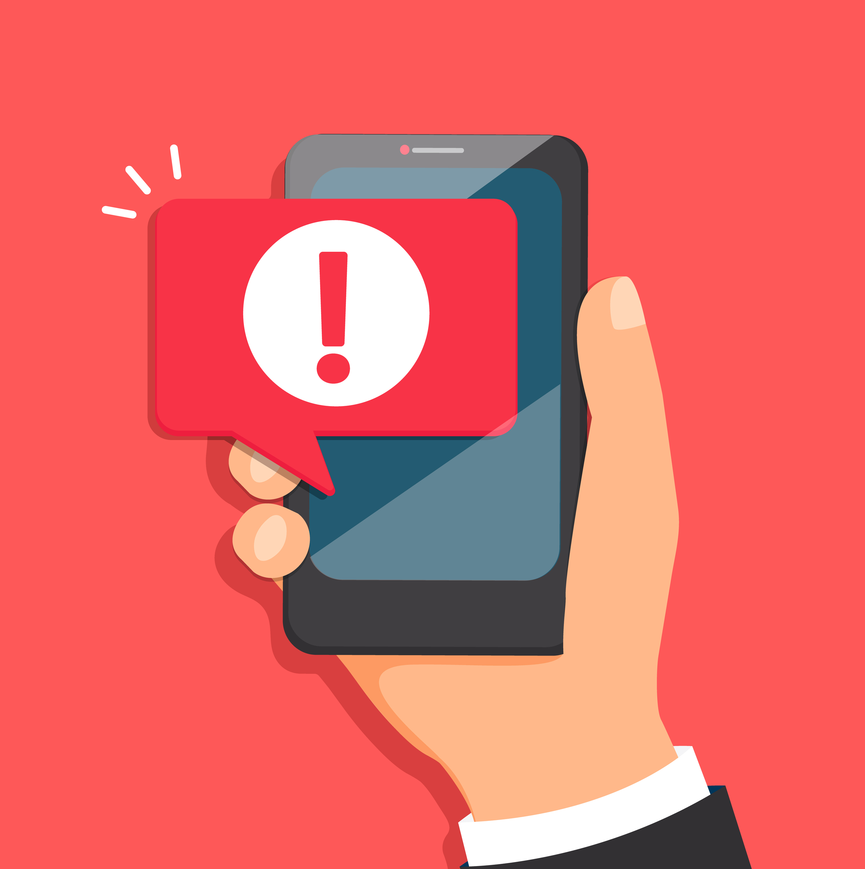 Concept of malware notification or error in mobile phone. Attention message bubble in smartphone. Red alert warning of spam data, insecure connection, scam, virus. Vector illustration.