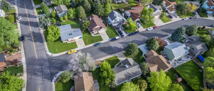 FORT COLLINS, CO, USA - MAY 20, 2016: Aerial view of typical residential neighborhood along Front Range of Rocky Mountains in Colorado in springtime